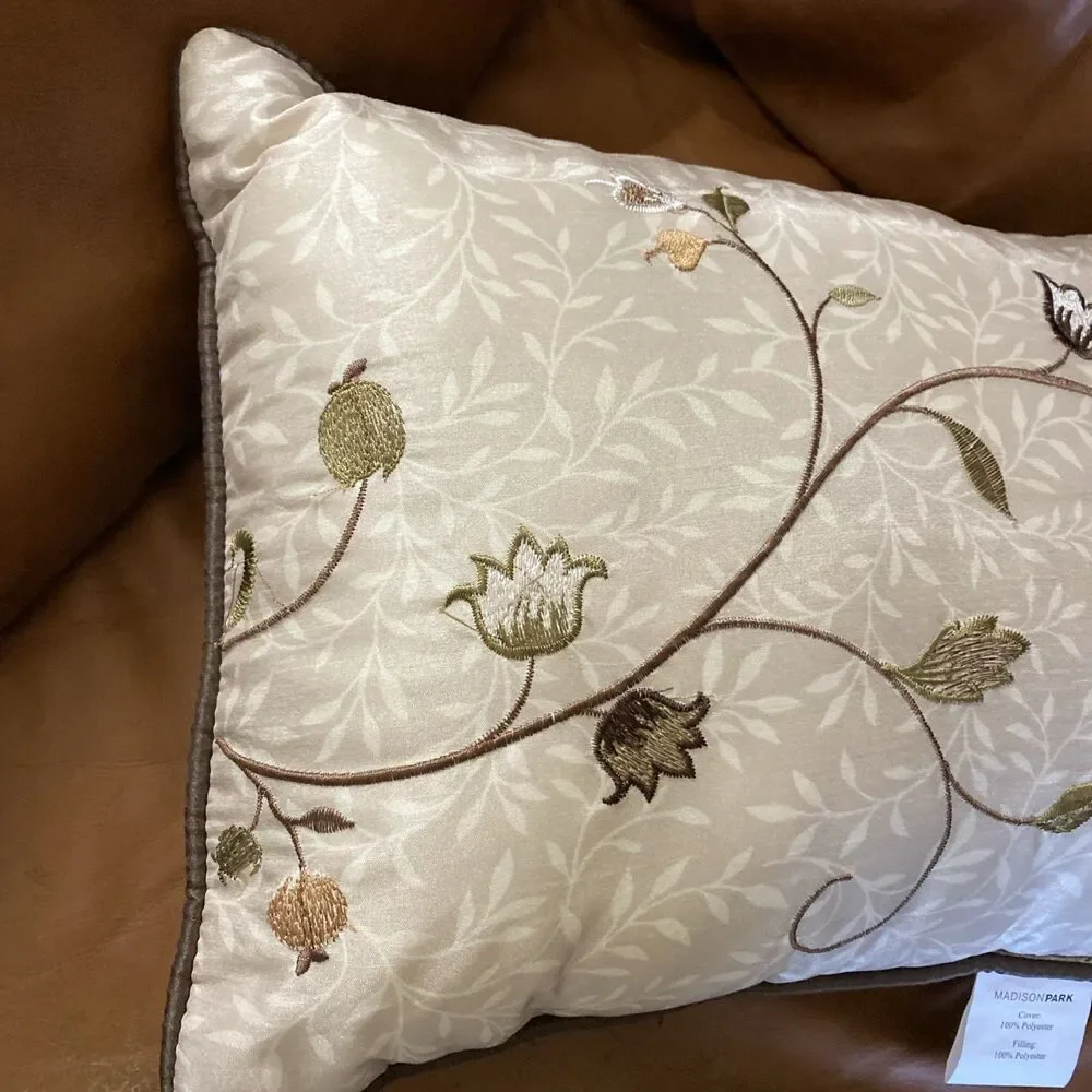Madison Park Aqua & Brown Embroidered Leaf Floral Throw Pillow 15x11”
